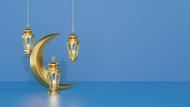 istock Ramadan Kareem greeting template with arabic lanterns and moon on the background for advertising products - 3d rendering illustration for cards, greetings. 1371932227
