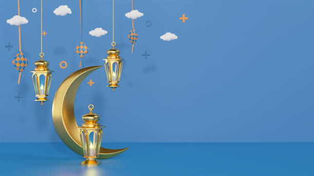 istock Ramadan Kareem greeting template with arabic lanterns and moon on the background for advertising products - 3d rendering illustration for cards, greetings. 1371932736