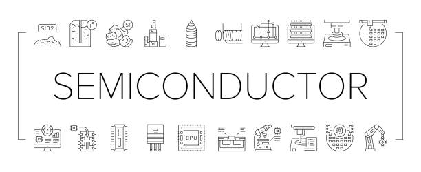 ilustrações de stock, clip art, desenhos animados e ícones de semiconductor manufacturing plant icons set vector . - silicon