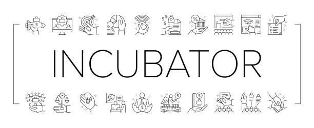 Business Incubator Collection Icons Set Vector . Business Incubator Collection Icons Set Vector. Incubator Education Resource And Training, Marketing Assistance And Strategic Partners Black Contour Illustrations . incubator stock illustrations