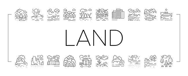 Land Scape Nature Collection Icons Set Vector. Desert And Forest, Meadow And Industrial Metropolis, Sea And Ocean, Tundra And Taiga Land Black Contour Illustrations .