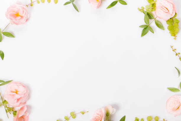 istock Festive flower composition on white background. Overhead view 1371934731