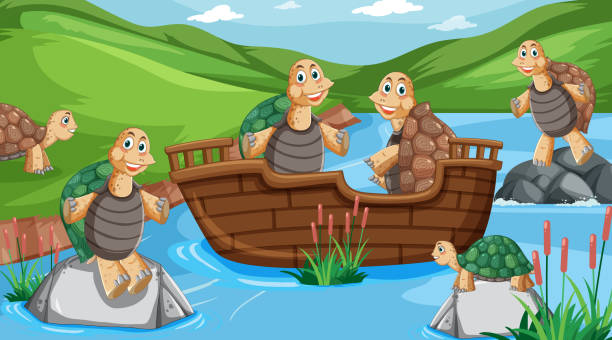 River in the forest scene with tortoises on a wooden ship River in the forest scene with tortoises on a wooden ship illustration wood turtle stock illustrations