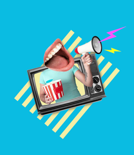 contemporary art collage. man headed by female mouth shouting at megaphone sticks out from retro tv set. concept of art, surrealism, news, sales, info, discount - visual art fotos imagens e fotografias de stock