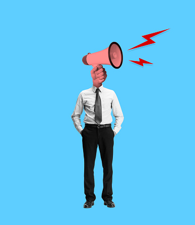 HR manager. Young angry business man headed by megaphone sounds like a siren. Contemporary art collage. Concept of art, surrealism, news, occupation, terms of office. Copy space for ad, text
