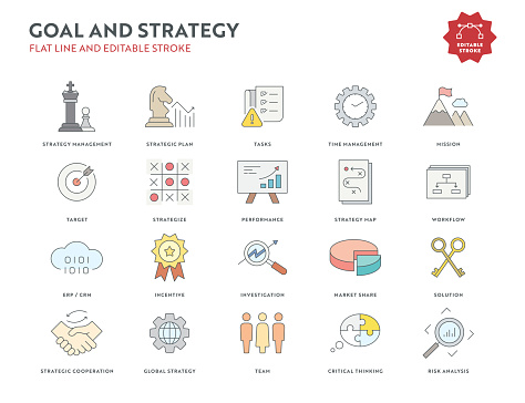 Goal and Strategy Flat Line Icon Set with Editable Stroke