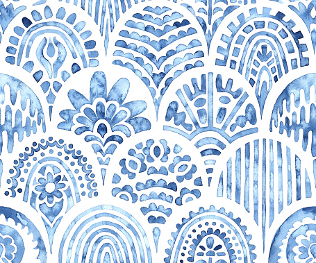 seamless moroccan pattern, wavy vintage tile, blue and white watercolor ornament painted with paint on paper, handmade, print for textiles, set of grunge textures