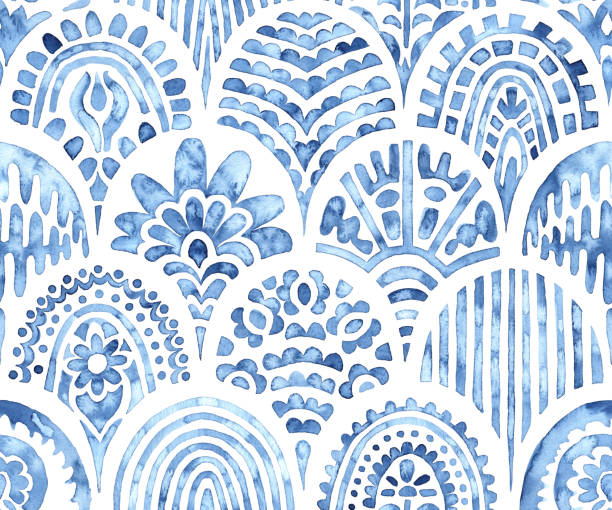 Seamless moroccan pattern. seamless moroccan pattern, wavy vintage tile, blue and white watercolor ornament painted with paint on paper, handmade, print for textiles, set of grunge textures tiled floor stock illustrations