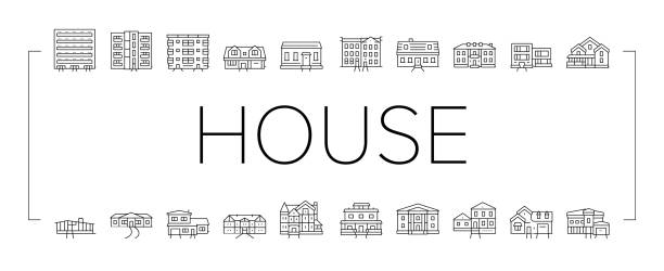 illustrazioni stock, clip art, cartoni animati e icone di tendenza di casa architettonica esterna icone set vettoriale. - house of tudor
