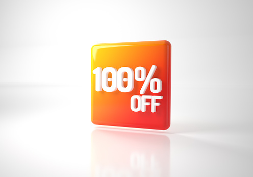 100 Percent Off Discount Sign, Special Offer 100% Off Discount Tag, Save On 100% Icon, Sale Symbol, Sale hundred Percent, 3d render Isolated on white background