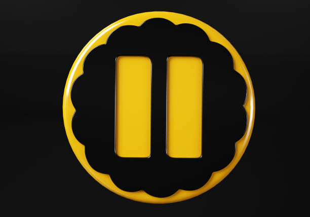Pause media button. buttons. Shiny icon with yellow frame and with reflection.  3d illustration on black background
