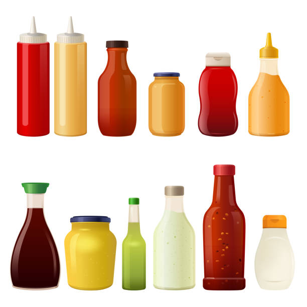 illustrations, cliparts, dessins animés et icônes de illustration de sauces en bouteilles et canettes - mustard bottle sauces condiment