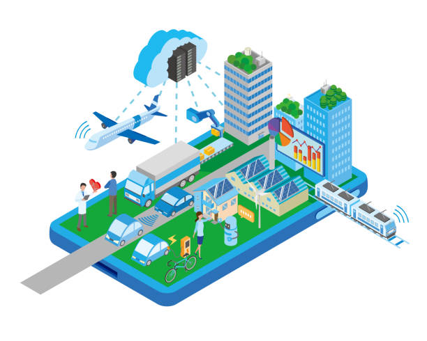 Isometric illustration 2 with the image of a smart city Isometric illustration 2 with the image of a smart city isometric smart city stock illustrations