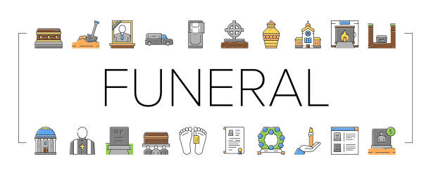 Funeral Burial Service Collection Icons Set Vector . Funeral Burial Service Collection Icons Set Vector. Church And Priest, Grave And Coffin, Candle And Gravestone, Funeral Crematorium And Cemetery Color Contour Illustrations . funeral home logo stock illustrations