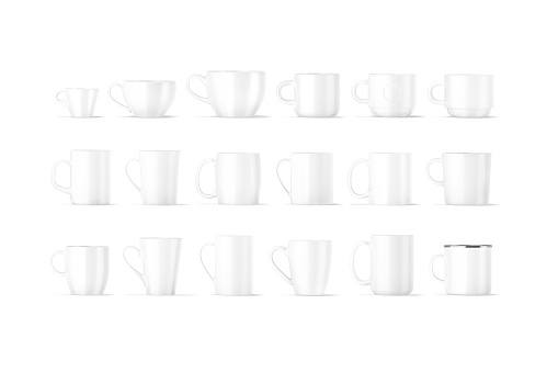 Blank ceramic mug mockup, different types, front view, 3d rendering. Empty coffee and tea cup for cafe or restaurant logotype mock up, isolated. Clear 8 oz, 11 oz, 15 oz utensil for drink template.