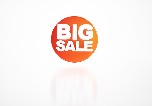 Big sale 3d text banner sales discount.  3d render graphic color tag label isolated on white background