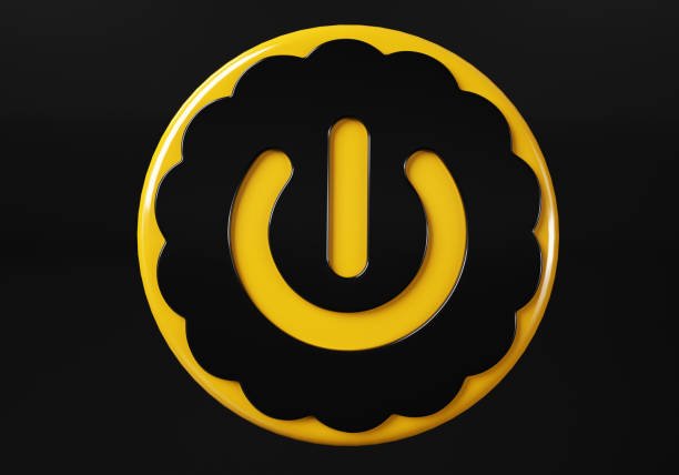 Power media button. buttons. Shiny icon with yellow frame and with reflection.  3d illustration on black background