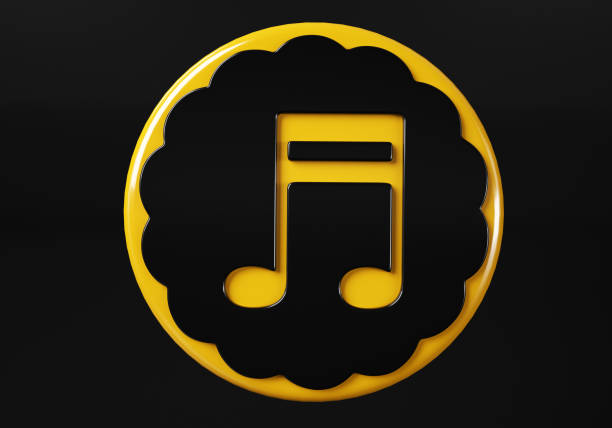 Music note media button. buttons. Shiny icon with yellow frame and with reflection.  3d illustration on black background