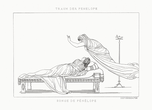 Penelope’s dream. Scene from the Odyssey by Homer. Steel engraving after a drawing (1793) by John Flaxman (British sculptor and draughtsman, 1755 - 1826), engraved by Edouard Schuler (German engraver, 1806 - 1882), published in 1833.