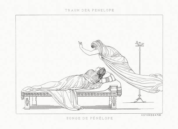 Penelope’s dream (Odyssey), steel engraving, published in 1833 Penelope’s dream. Scene from the Odyssey by Homer. Steel engraving after a drawing (1793) by John Flaxman (British sculptor and draughtsman, 1755 - 1826), engraved by Edouard Schuler (German engraver, 1806 - 1882), published in 1833. chaise longue woman stock illustrations