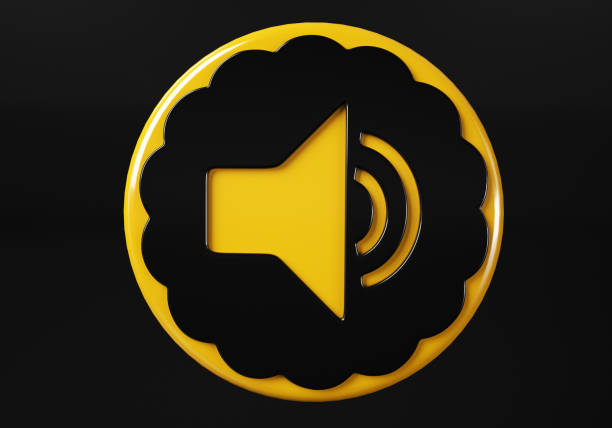 Volume media button. buttons. Shiny icon with yellow frame and with reflection.  3d illustration on black background