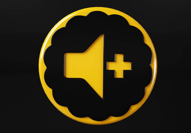 Volume media button. buttons. Shiny icon with yellow frame and with reflection.  3d illustration on black background
