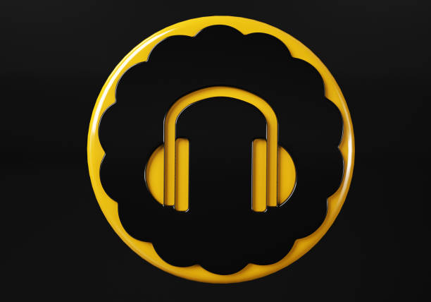 Heardphone media button. buttons. Shiny icon with yellow frame and with reflection.  3d illustration on black background