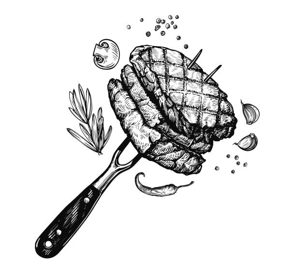 ilustrações, clipart, desenhos animados e ícones de bifes de carne frita no garfo de churrasco. ilustração vetorial do esboço de comida grelhada - chef cooking food gourmet