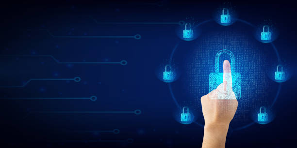 istock Data protection and cyber security. Virtual network connection, a businessman touch a padlock to protect commercial and financial data. Innovative technology creates clever solutions to protect 1371940824