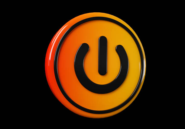 Power media button. buttons. Shiny icon with yellow frame and with reflection.  3d illustration on black background