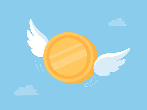 Flying golden coin with wings vector flat illustration