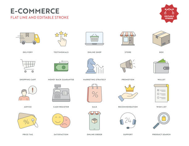 zestaw ikon płaskiej linii e-commerce z edytowalnym obrysem - cash register e commerce technology shopping cart stock illustrations