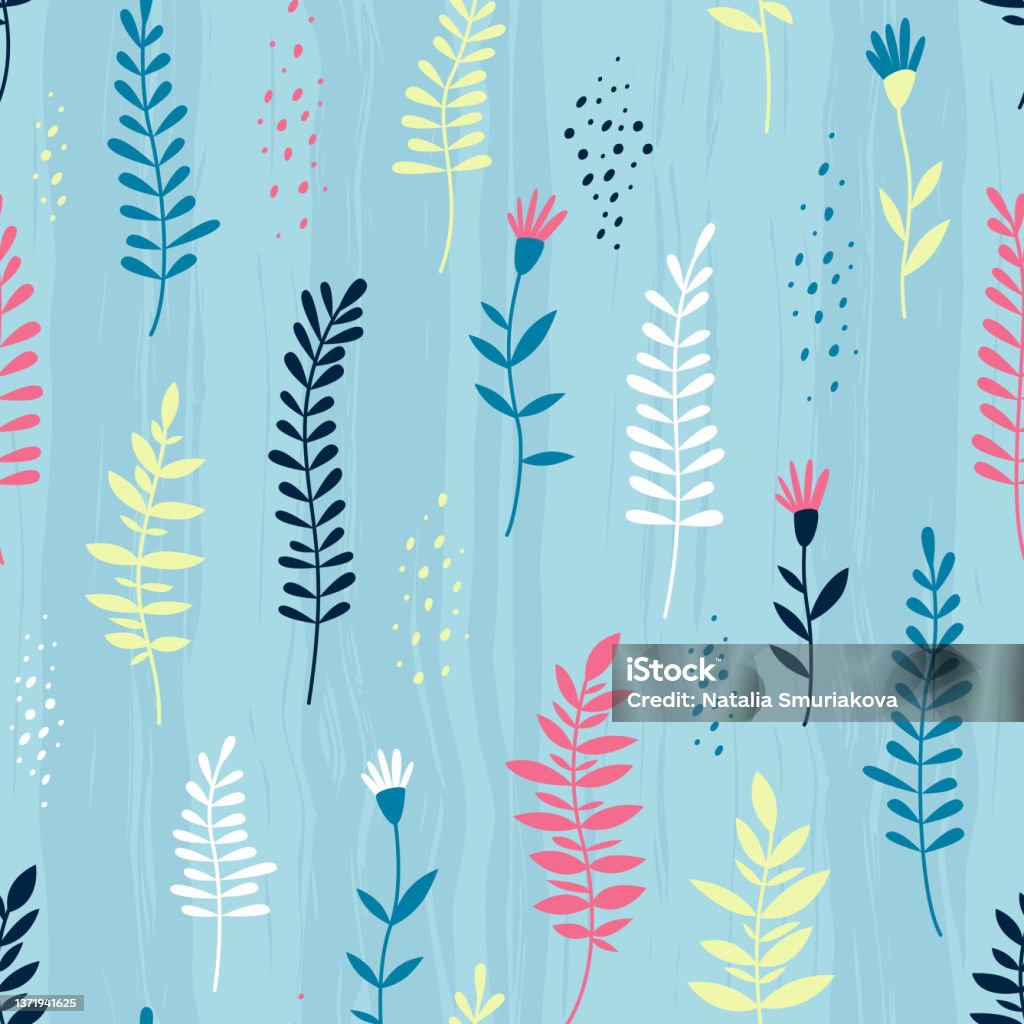 Seem Less Spring Textures Seamless Spring Pattern With Plants On A Blue Background Stock ...
