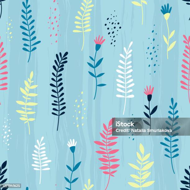 Calm Pattern Spring Seamless Spring Pattern With Plants On A Blue Background Stock ...
