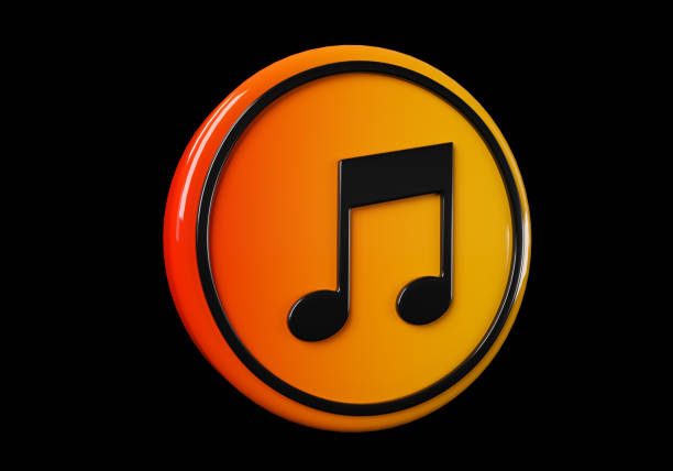Music note media button. buttons. Shiny icon with yellow frame and with reflection.  3d illustration on black background
