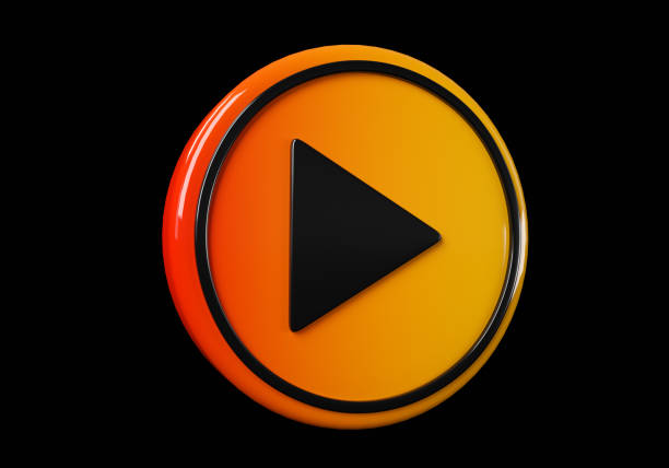 Play media button. buttons. Shiny icon with yellow frame and with reflection.  3d illustration on black background