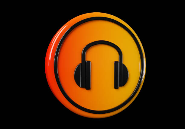 Heardphone media button. buttons. Shiny icon with yellow frame and with reflection.  3d illustration on black background