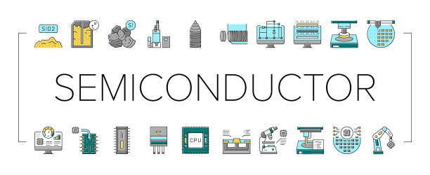 Semiconductor Manufacturing Plant Icons Set Vector . Semiconductor Manufacturing Plant Icons Set Vector. Installation Semiconductor On Board And Testing, Test Computer Screen And Digital Equipment Concept Linear Pictograms. Contour Illustrations . semiconductor stock illustrations