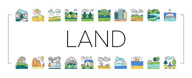 Land Scape Nature Collection Icons Set Vector. Desert And Forest, Meadow And Industrial Metropolis, Sea And Ocean, Tundra And Taiga Land Line Pictograms. Contour Color Illustrations .