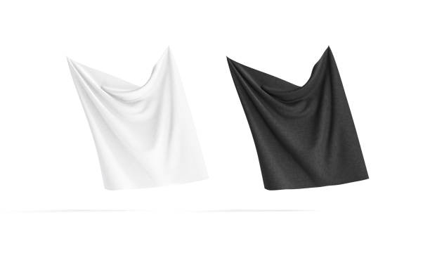 istock Blank black and white folded fabric hanging on corners mockup 1371943030