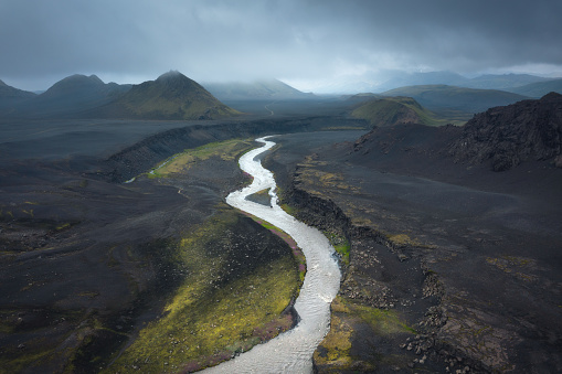 Winding river through the majestic Icelandic landscape (Laugavegur).