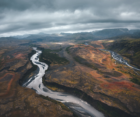 Aerial view on dramatic and colorful volcanic landscape in Iceland.