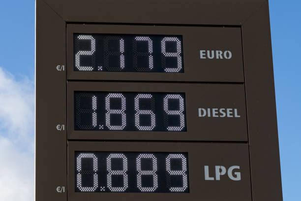 Dutch fuel prices displayed at a gas station on the A12 (2022) stock photo