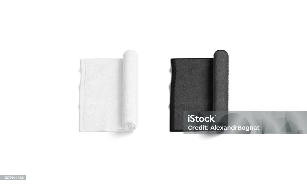 Blaank black and white twisted small towel mockup, isolated Blaank black and white twisted small towel mockup, isolated, 3d rendering. Empty rolled jack-towel for dry hygiene mock up, front top view. Clear folded wiping bath sheet template. Towel Stock Photo