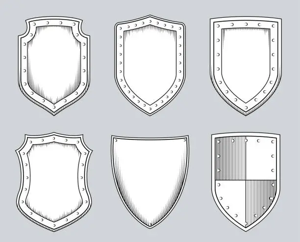 Vector illustration of Set of Shields in the Style of Medieval Engraving