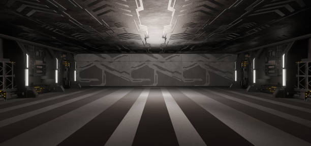istock Robotic SciFi Empty Hallway Corridor Room Garage Studio Dance Glowing Dark Grey Colors Modern Background Future Concept Art 3D Rendering 1371945912