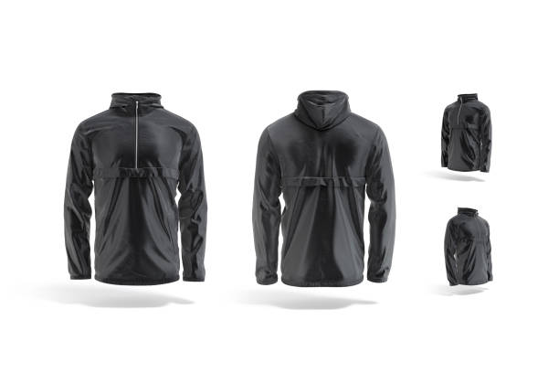 Blank black windbreaker mock up, different views Blank black windbreaker mock up, different views, 3d rendering. Empty nylon wind breaker coat mockup, isolated. Clear synthetic or fabric half-zip jacket for windproof protection template. wind shelter stock pictures, royalty-free photos & images