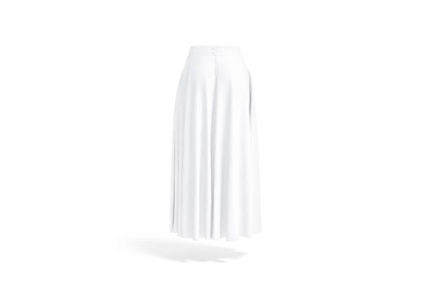 Blank white women maxi skirt mockup, back view Blank white women maxi skirt mockup, back view, 3d rendering. Empty tube or classic asymmetric dress mock up, isolated. Clear chiffon drape skirt for woman wear template. maxi length stock pictures, royalty-free photos & images