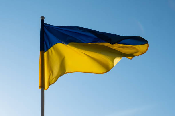 istock Ukrainian flag waving in wind and sunlight. 1371947005