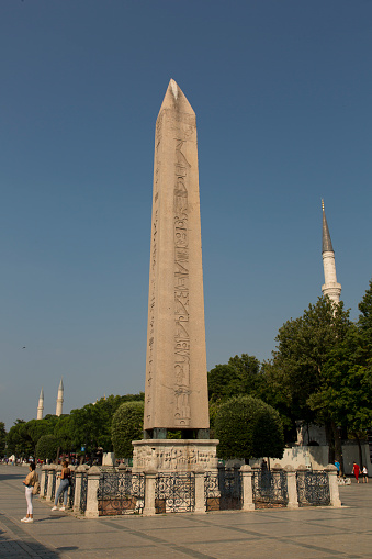 Istanbul, Turkey - July 19, 2021: Theodosius Obelisk (Egyptian Obelisk) in the historical Sultanahmet Square, the oldest ancient structure in Istanbul. Tourism, Istanbul and history concepts. Vertical close-up.